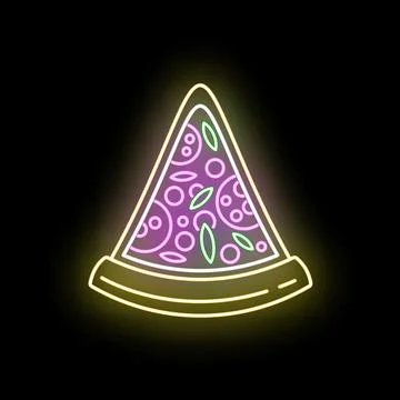 Neon pizza slice glowing sign fast food icon Stock Illustration