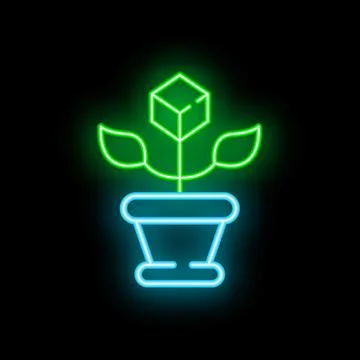 Neon plant growing from cube representing blockchain technology Stock Illustration