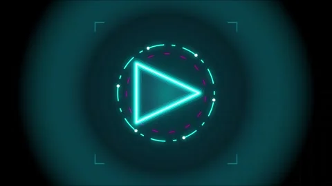 Neon play button animation glowing against dark digital grid abstract video.. Stock Footage 346890074