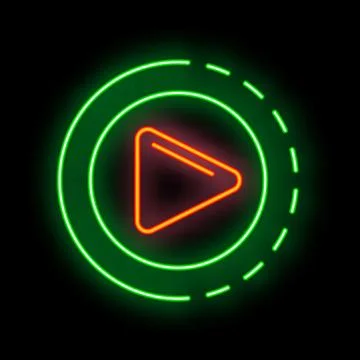 Neon play button glowing in green and red on black background Stock Illustration