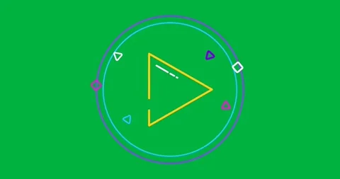 Neon play button graphic glowing on transparent backdrop showing cyan rings and Stock Footage 317526761