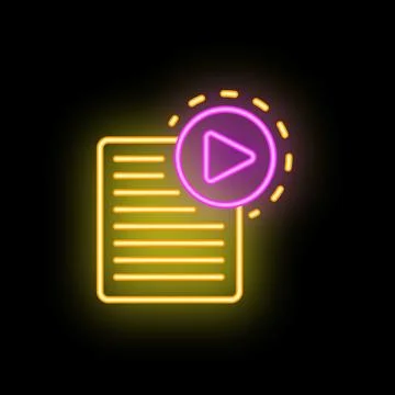 Neon play button hovering over document icon on dark background Stock Illustration
