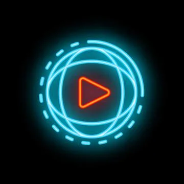 Neon play button icon glowing inside blue sphere shape Stock Illustration