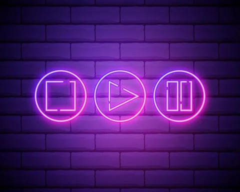 Neon player button signs vector isolated on brick wall. Play, stop, pause but Stock Illustration