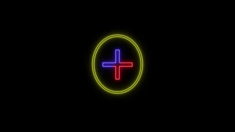 Neon plus sign in yellow circle pulsing with blue and red glow on black bac.. Stock Footage 345548291