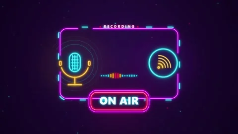 Neon podcast recording interface on dark background with microphone icon an.. Stock Footage 345334267