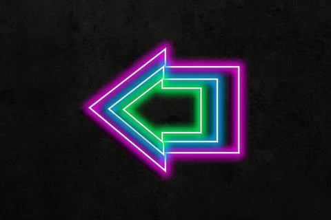 Neon pointer with arrow on black textured wall Stock Photos