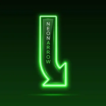 Neon pointer arrow with vertical text. Direction indicator. Illustrazione stock