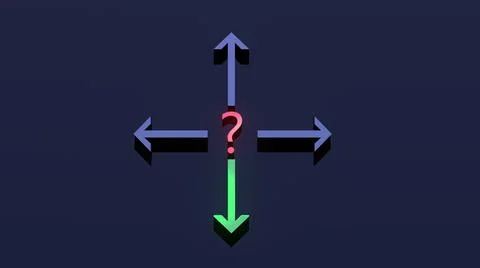 Neon pointer arrows with question mark.Choice of path movement concept. 3D Stock Illustration