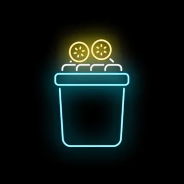 Neon popcorn bucket with glowing kernels and lemon slices Stock Illustration