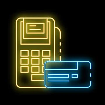 Neon pos terminal processing credit card payment on black background Illustrazione stock