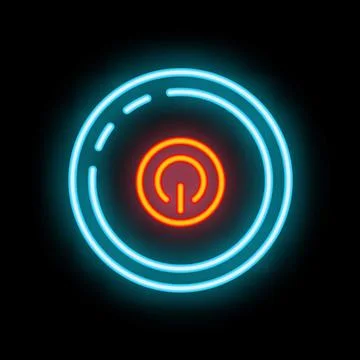 Neon power button glowing on black background Stock Illustration