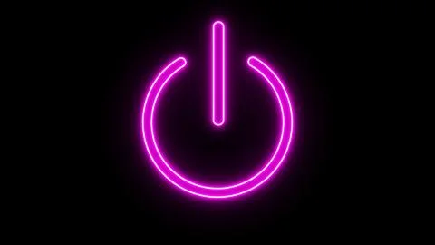 Neon power button icon glowing in purple on a dark background. Stock Illustration