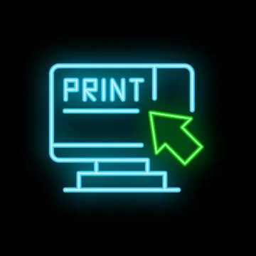 Neon print button with mouse cursor clicking on black background Stock Illustration