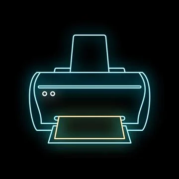 Neon printer icon glowing on black background Illustrazione stock