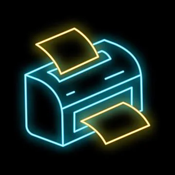 Neon printer icon glowing in blue and yellow is printing a document Stock Illustration