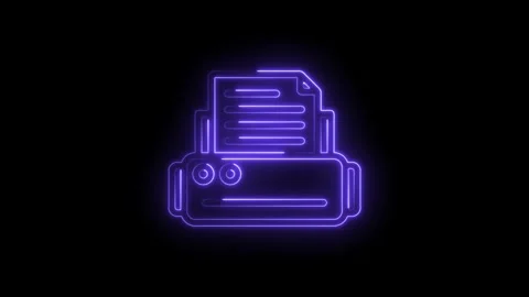 Neon printer icon glowing purple on black background abstract digital technology Stock Footage 333967963