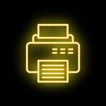 Neon printer icon printing document on black background Stock Illustration