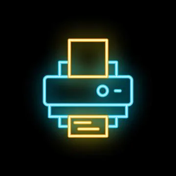 Neon printer icon printing documents with paper tray open Stock Illustration