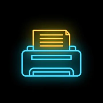 Neon printer icon printing documents on black background Stock Illustration
