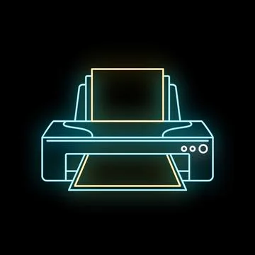 Neon printer icon producing document outline in blue yellow Stock Illustration