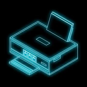 Neon printer isometric illustration printing document on black background Stock Illustration