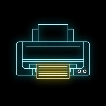 Neon printer outline creating document with glowing effect Stock Illustration