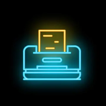 Neon printer printing document icon on black background Stock Illustration