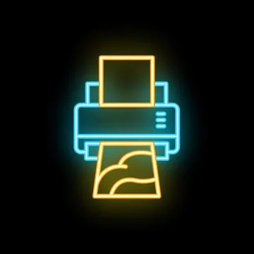 Neon printer printing photo icon on black background Stock Illustration
