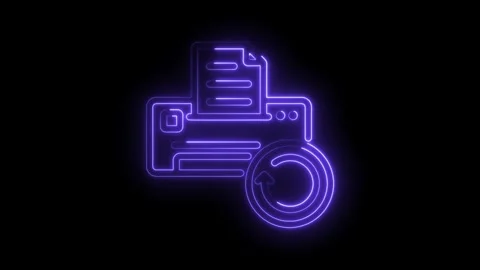 Neon printer with refresh icon animation on black background high technology Stock Footage 330777870