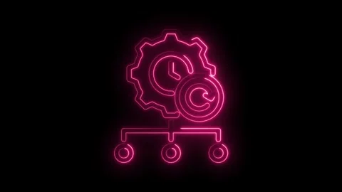 Neon process automation workflow with cogwheel clock and refresh on black b.. Video stock 346003328