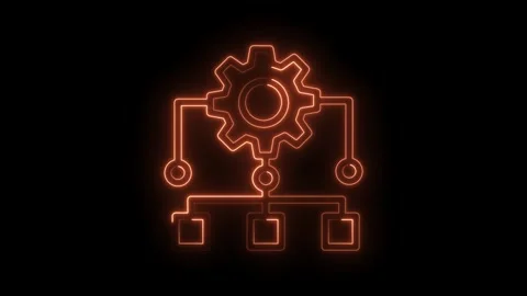 Neon process flow diagram of cogwheel with subprocesses on black background Stock Footage 322962775