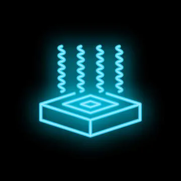 Neon processor chip emitting heat with wavy lines on black background Stock Illustration