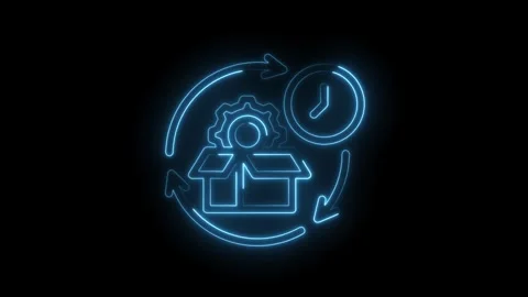 Neon product packaging solution loop with a cogwheel and clock on a black b.. Video stock 312311808