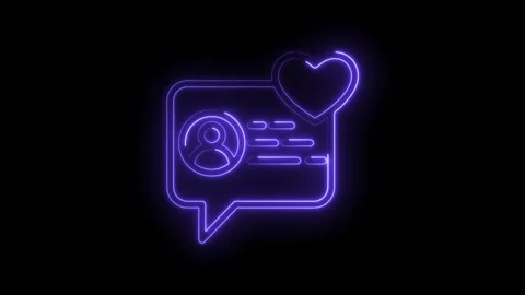 Neon profile message bubble with heart icon glowing purple on black background Stock Footage 333959908