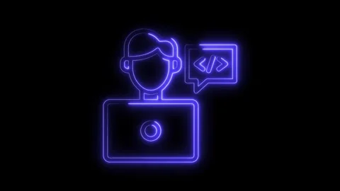 Neon programmer icon with laptop and code illustration for software development Stock Footage 322966198