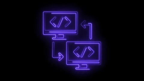 Neon programming symbol displays code transfer between computer screens on .. Stock Footage 309910207