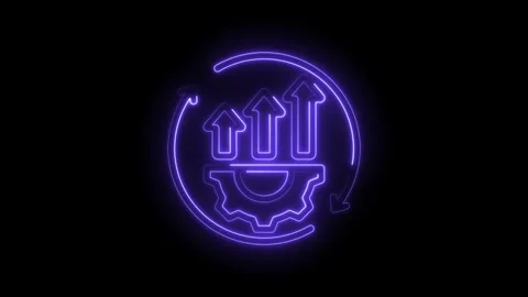 Neon progress icon with upward arrows and gear symbol in circular motion Stock Footage 333968309