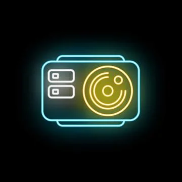 Neon projector glowing icon representing cinematic technology Stock Illustration