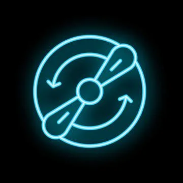 Neon propeller icon rotating in circle with arrows indicating movement dire.. Stock Illustration