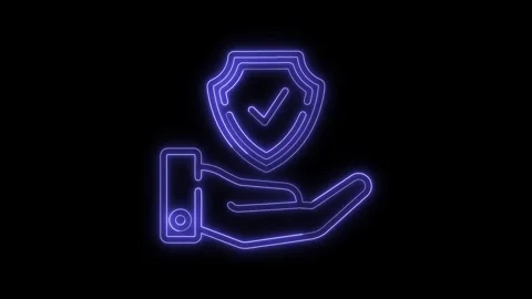 Neon protection shield symbol glowing with check mark held in hand icon ani.. Stock Footage 345549414