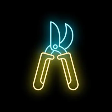 Neon pruning shears icon glowing in the dark Stock Illustration