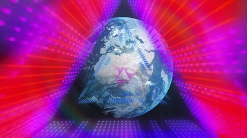Neon pulse starting triangular frames while realistic globe rotating, showing Video stock 329701236