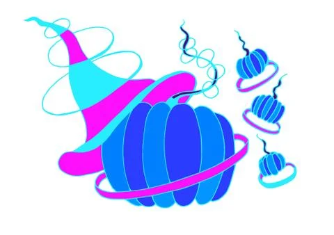 Neon pumpkins witch with hat and circles. Stock Illustration