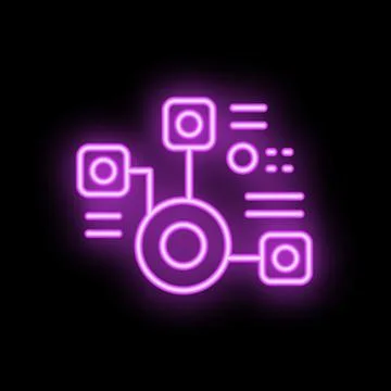 Neon purple algorithm processing data icon on black background Stock Illustration