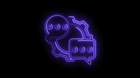 Neon purple chat bubble and gear icon animation on black background Stock Footage 333970172