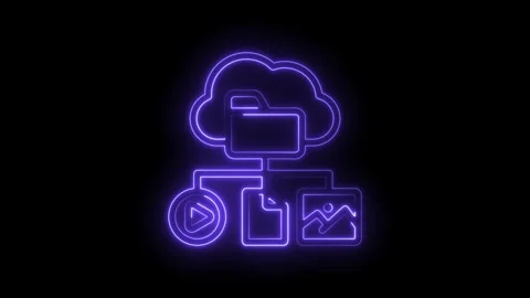 Neon purple cloud storage icon with folder play button document and image Stock Footage 333967417