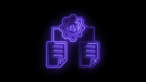 Neon purple code symbol within gear connected to document icons on black ba.. 스톡 동영상 346826383