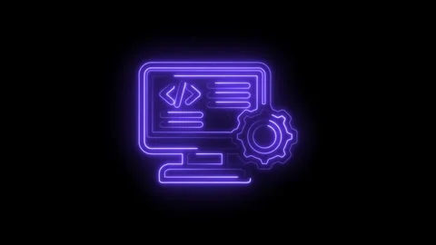 Neon purple coding and gear icon animation on black background digital tech.. Stock Footage 346827096