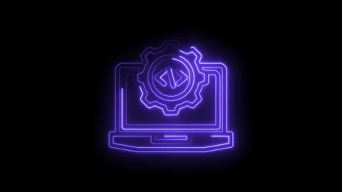 Neon purple coding gear icon on laptop screen digital technology concept ab.. Stock Footage 346827696
